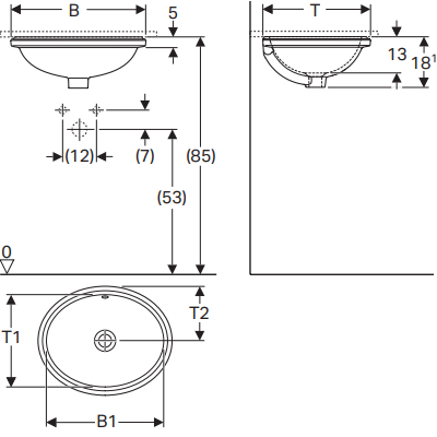 LAVABO SOTTOPIANO OVALE DA INCASSO VARIFORM 56X46 CM