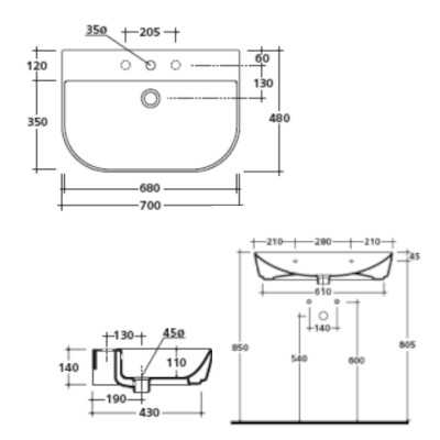 LAVABO CM. 70X48 - SERIE M2 BIANCO