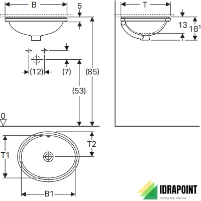 LAVABO SOTTOPIANO OVALE DA INCASSO VARIFORM 56X46 CM